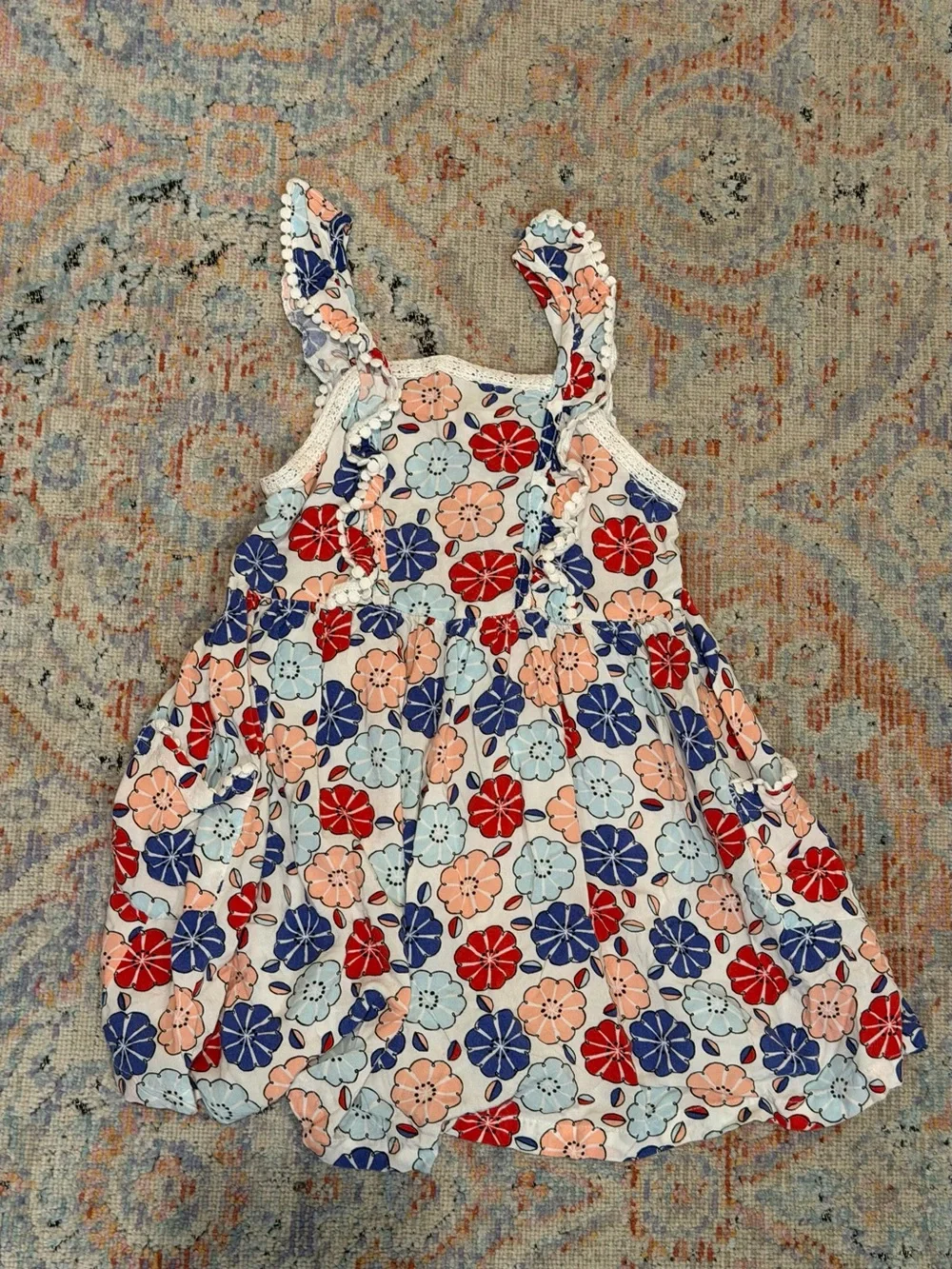 Genuine Kids from OshKosh Floral Sundress Size 4T Red White Blue Pom Pom